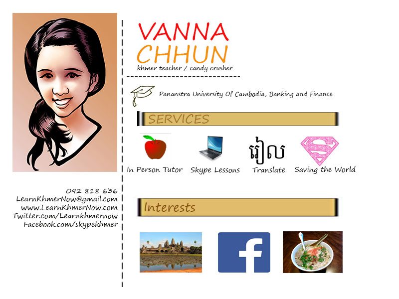 Khmer tutor vanna's infographic that explains what services she offers and what she likes to do
